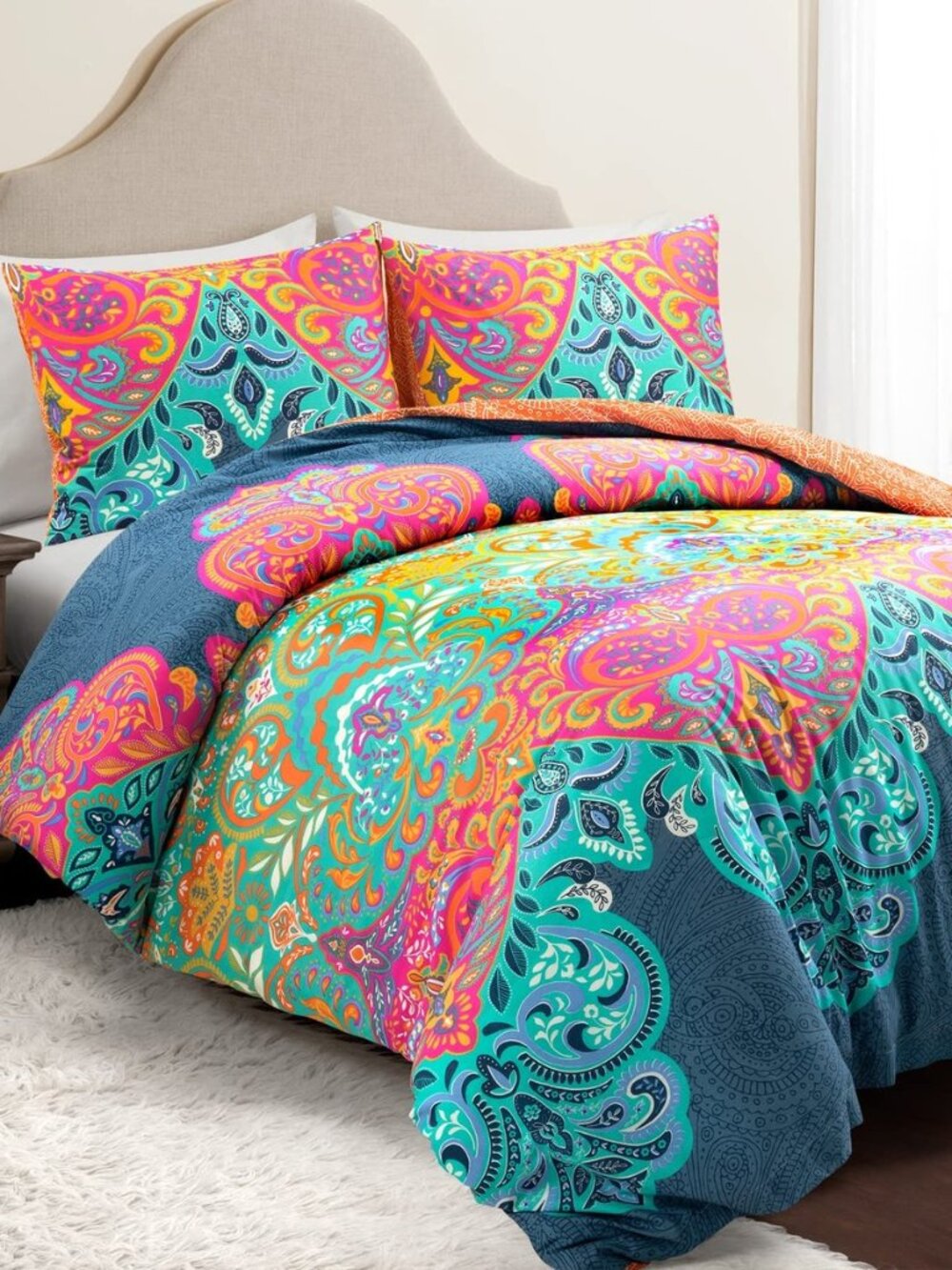 Boho Chic Reversible Cotton Duvet Cover Queen Size 3 Piece Set Full/Queen